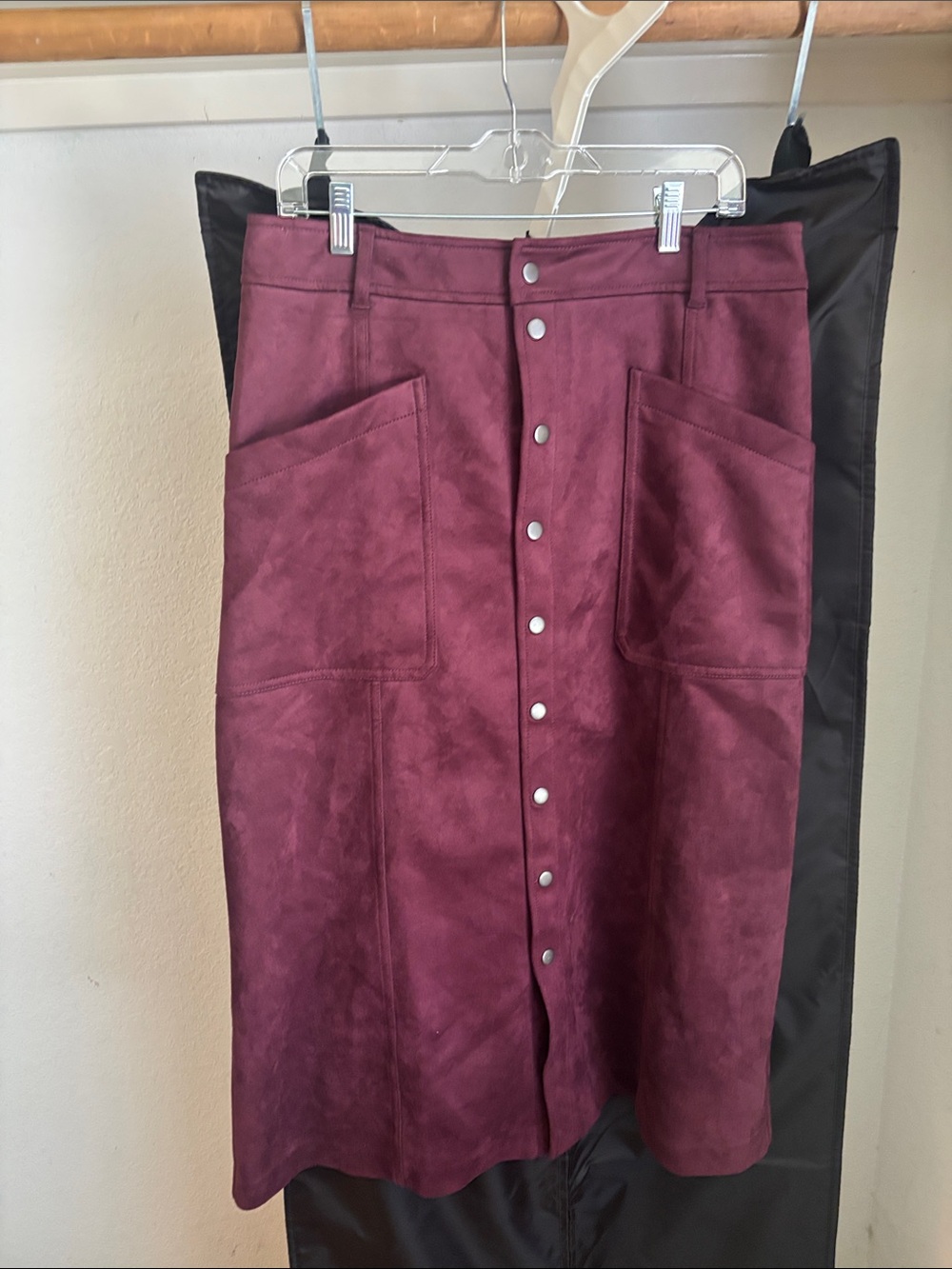 LOFT Plum Faux-Suede Button-Front Midi Skirt